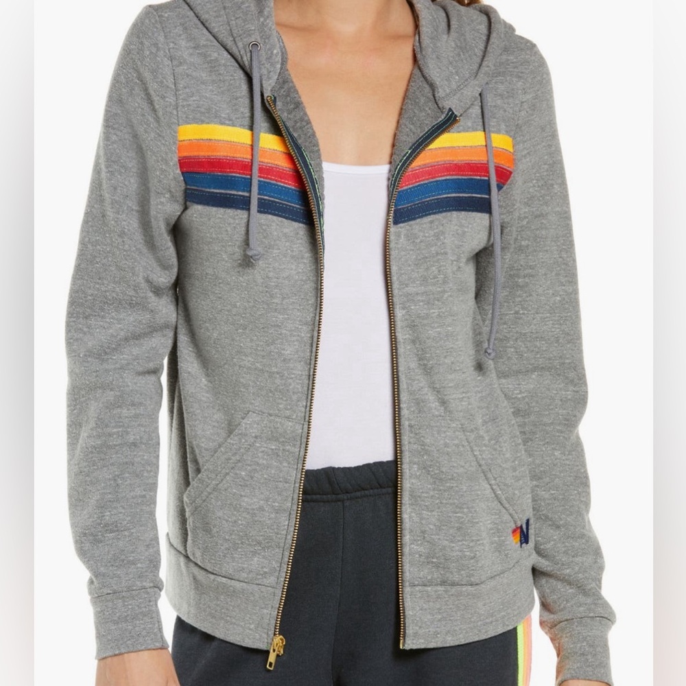 Aviator Nation Gray Hoodie with Rainbow Stripes